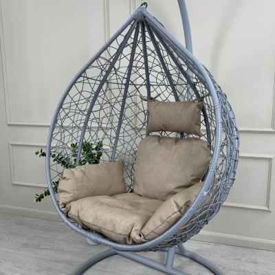 Кресло подвесное маленькое Кокон F-03 (Светло-серый ротанг/Бежевая подушка)