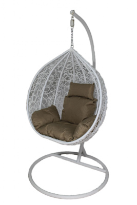 Кресло подвесное маленькое Кокон F-03 (Белый ротанг/Бежевая подушка)