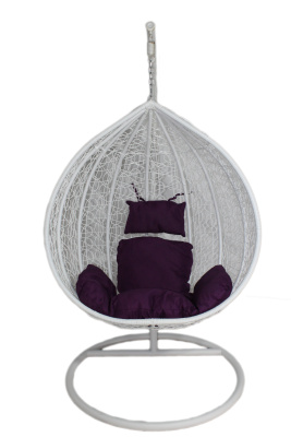 Кресло подвесное большое Кокон F-03 (Белый ротанг/Фиолетовая подушка)