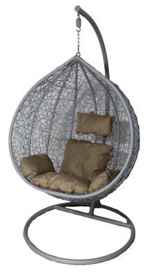 Кресло подвесное маленькое Кокон F-03 (Светло-серый ротанг/Бежевая подушка)